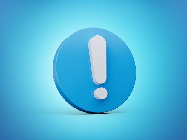 Point d'exclamation blanc sur fond bleu cercle isolé illustration 3d