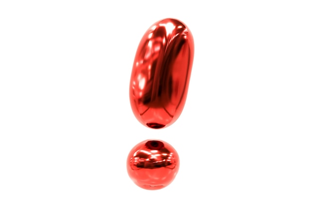 Point d'exclamation brillant 3d rouge metellic de police de ballon, rendu 3D Premium.