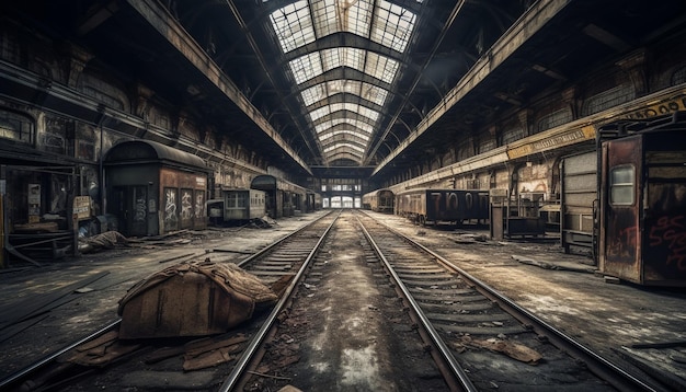 Point de fuite d'une ancienne usine effrayante et abandonnée générée par l'IA