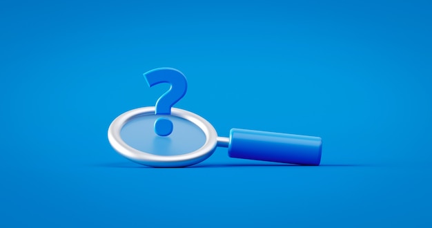Photo point d'interrogation bleu et concept de symbole de loupe de recherche sur fond de recherche faq avec objet de découverte ou de loupe de recherche. rendu 3d.