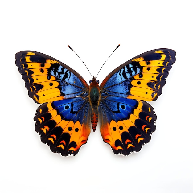 Photo point d'interrogation papillon ailes bleues irisées avec sur fond blanc beauté vue de dessus shoot