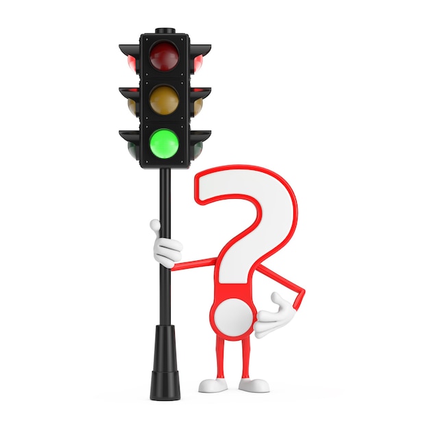 Point d'interrogation signe dessin animé personnage personne mascotte avec rendu 3d feu vert trafic
