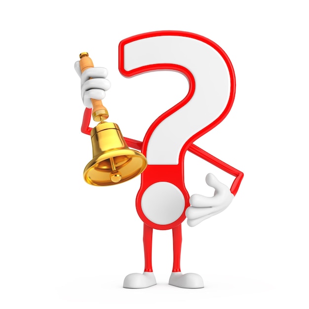 Photo point d'interrogation signe dessin animé personnage personne mascotte avec vintage golden school bell rendu 3d
