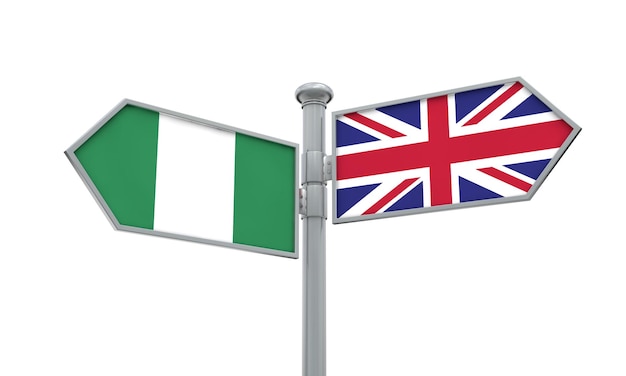 Point de repère du Nigeria et du Royaume-Uni Se déplaçant dans des directions différentes Rendu 3D