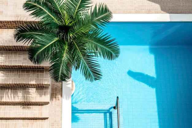 D'un point de vue aérien, une piscine tranquille est magnifiquement ombragée par un majestueux palmier.