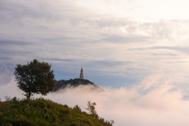 Photo point de vue au sommet d'une montagne couverte de brouillard dans toute la région. avec le soleil du matin.