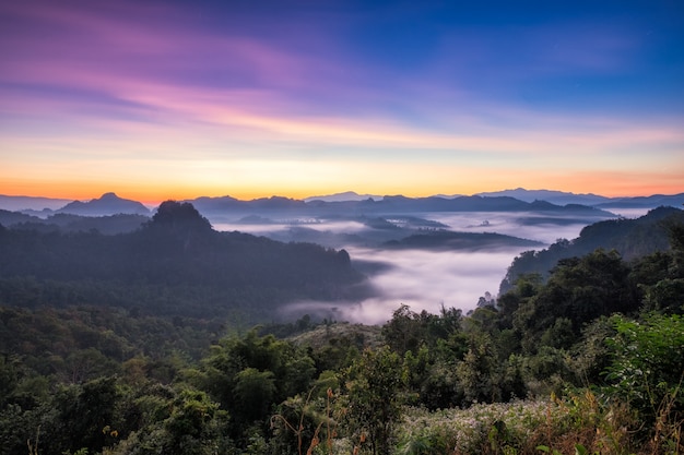 Point de vue brume de montagne colorée à l&#39;aube