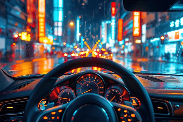 Photo point de vue du conducteur de la voiture directeur, compteur de vitesse et tableau de bord en gros plan de la voiture avec une vue de la ville de nuit