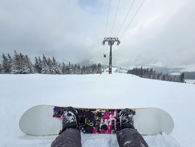 Point de vue du snowboarder depuis la piste