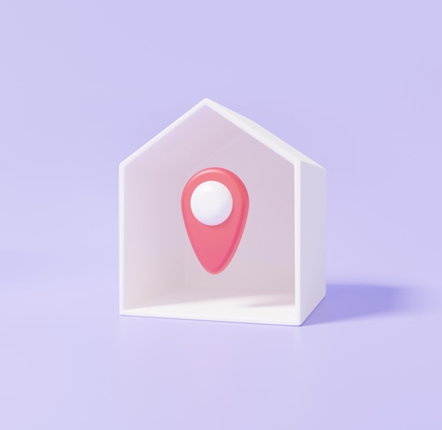 Pointeur de broche rouge de maison de dessin animé minimal et recherche d'emplacement de carte Concept de navigation GPS site de voyage de service de chambre sur fond pastel violet illustration de rendu 3d