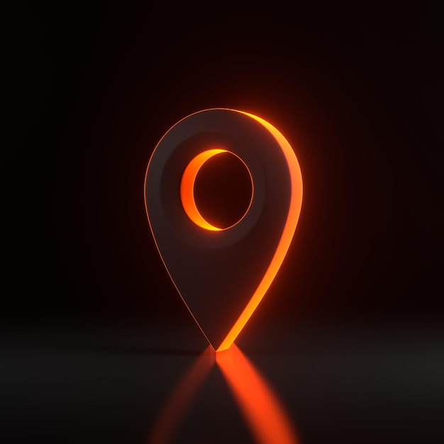 Pointeur de carte avec des néons orange futuristes brillants sur fond noir rendu 3D