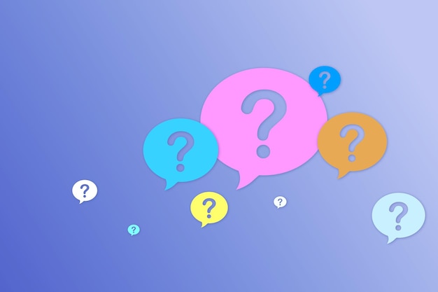 Points d'interrogation numériques colorés créatifs sur fond bleu FAQ et concept d'application Rendu 3D