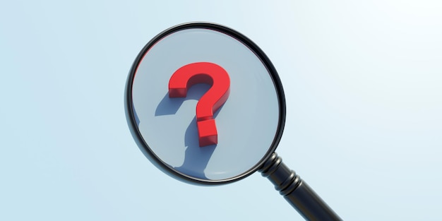 Points d'interrogation rouges sous une loupe fond de couleur bleu concept de recherche 3d