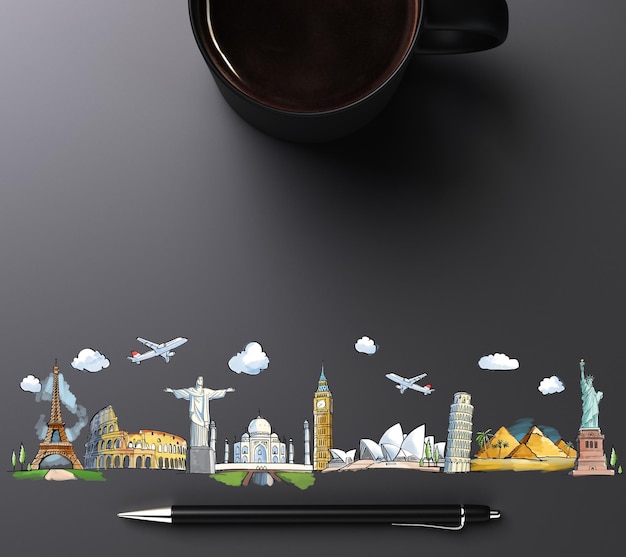 Points de repère de voyage avec une tasse de café et un stylo