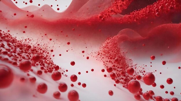 Des points rouges futuristes et des particules de fumée coulant en rouge ondulé abstrait avec des particules de poussière sur le ba blanc