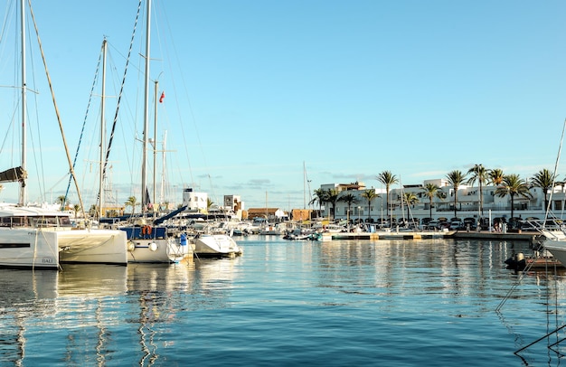 poire dans la marina de l'île de Formentera à yachts et bateaux Maisons hôtels et palmiers autour de l'Espagne