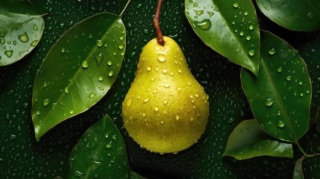 Une poire est sur un fond vert avec des gouttes de pluie dessus.