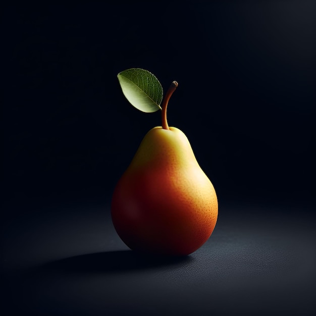 Poire mûre avec une feuille sur une surface noire