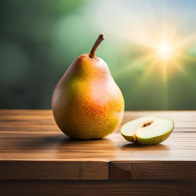 Une poire et une pomme sur une table en bois