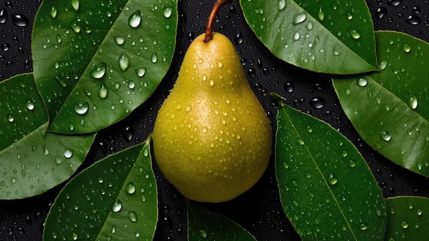 Une poire sur une surface noire avec des feuilles vertes dessus