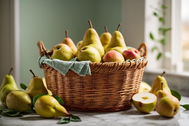 poire sur une table en bois sur un fond de rayons de lumière poires mûres fraîches dans un bol en bois sur un fond noir