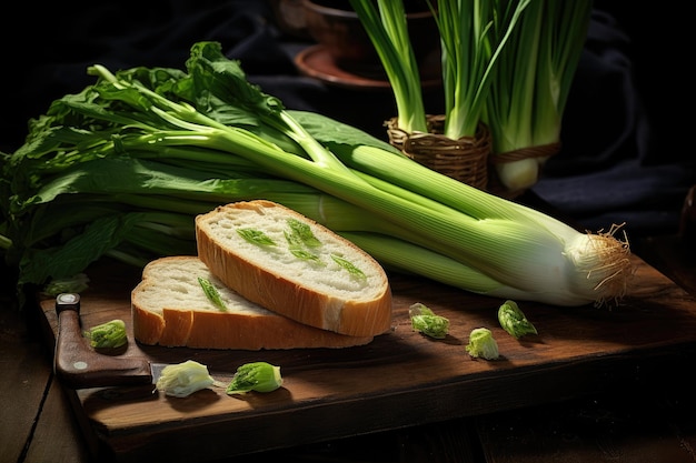 Poireaux frais et coupés sur une planche de bois