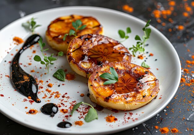 Photo des poires caramélisées avec des épices sur une assiette blanche élégante