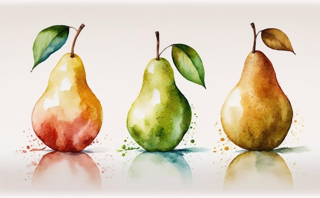 Poires dessinées sur fond blanc illustrations d'aliments biologiques de fruits aquarelle générées par ai