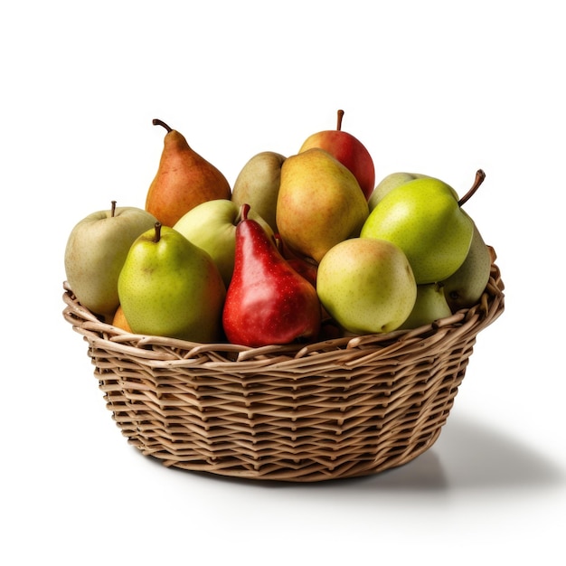 Poires et pommes isolées dans un panier avec une finition pierreuse IA générative