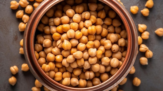 Des pois chiches en conserve dans une boîte depuis le haut