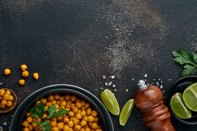 pois chiches frits au curcuma avec persil et citron vert en plaque noire