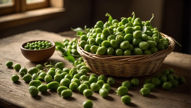 Des pois verts frais et appétissants sur la table de la cuisine