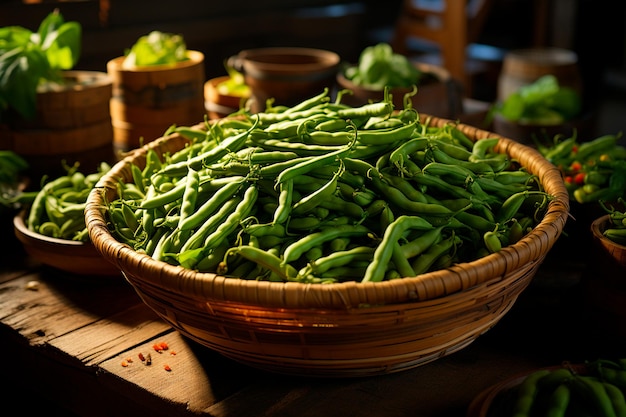 Pois verts frais sur une table en bois