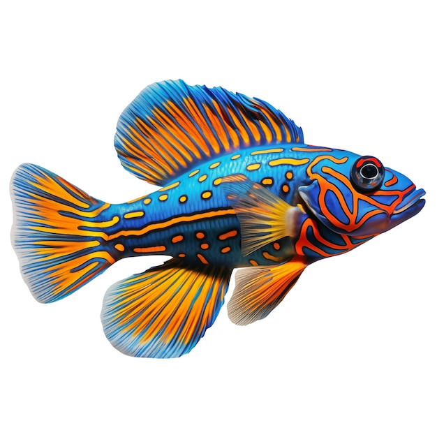 Poisson d'aquarium multicolore sur un fond transparent vue latérale du mandarin bleu et orange