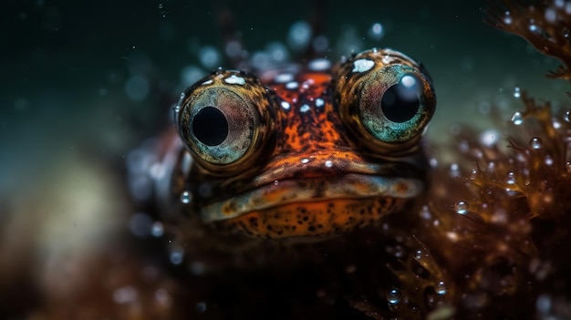 Un poisson aux yeux verts et au visage noir et orange.