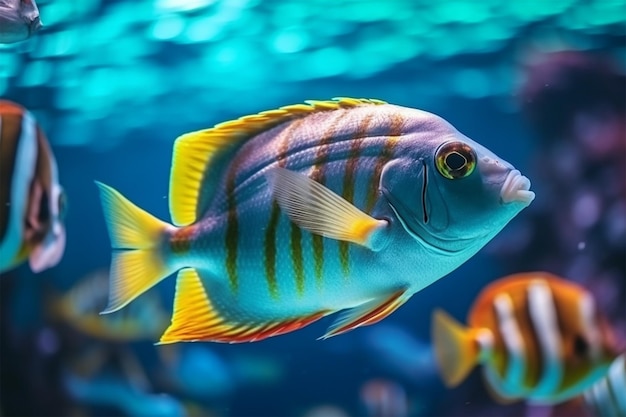 Un poisson avec une bande jaune sur le dos nage dans un bassin.