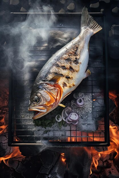 Photo poisson sur le barbecue grill brûlant, vue de dessus