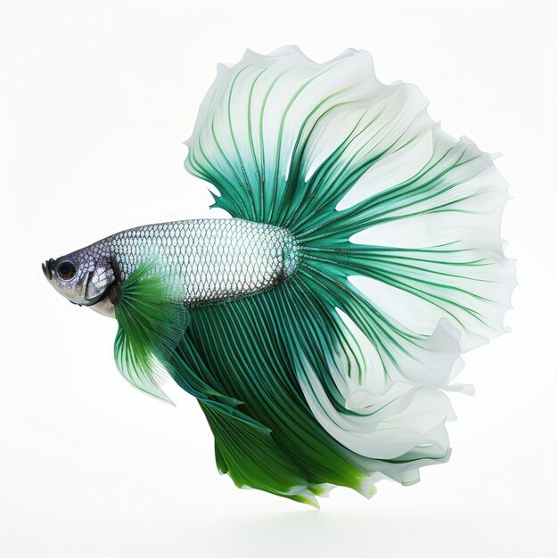 Poisson bêta à demi-lune vert et blanc sur fond blanc de couleur turquoise poisson de combat siamois