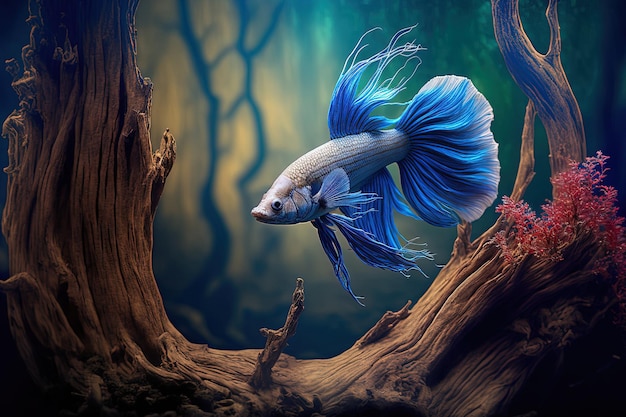 Poisson betta bleu sur fond de racines de bois