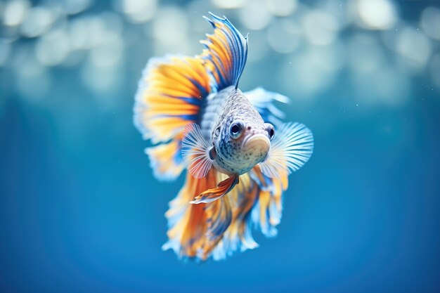 Photo un poisson betta avec des écailles bleues vibrantes et des branchies enflammées dans un aquarium transparent