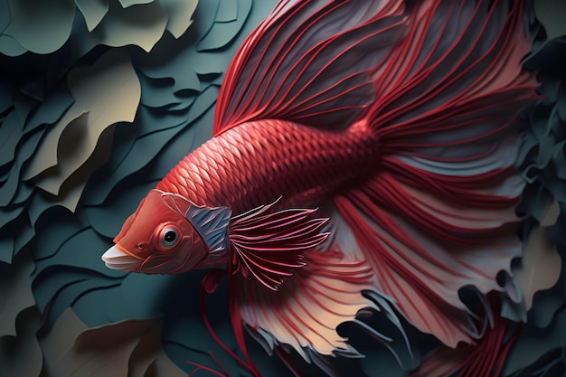 Un poisson betta avec des écailles rouges et bleues et une queue rouge