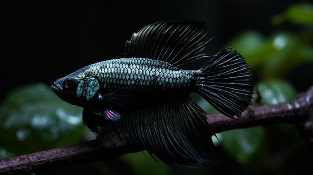 Un poisson betta noir et bleu avec une queue noire