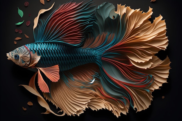 Un poisson betta avec une queue bleue et rouge