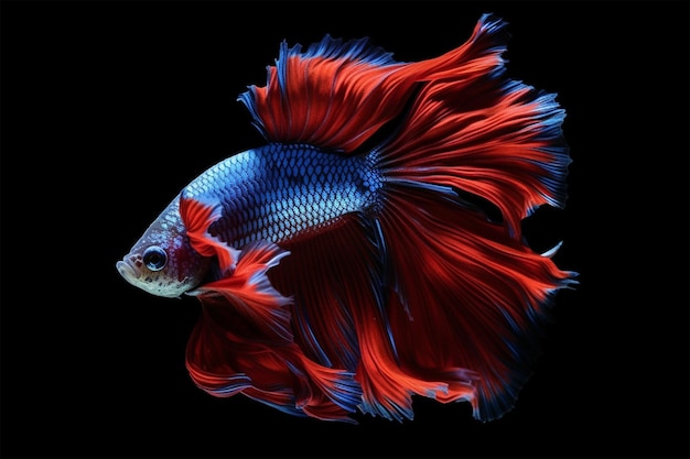 Un poisson betta rouge et bleu sur fond noir