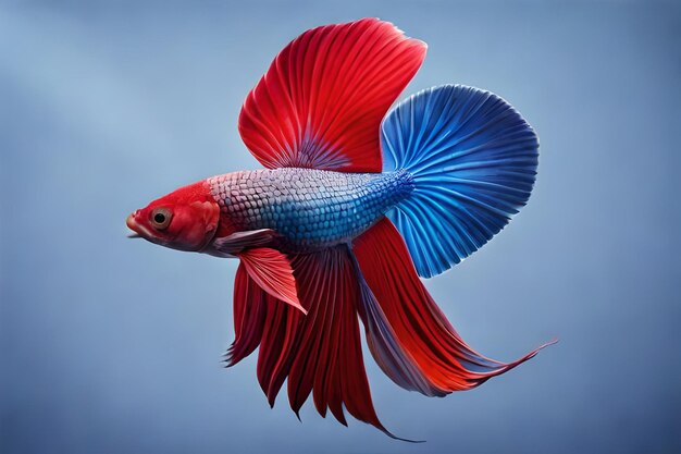 Un poisson betta rouge et bleu avec une queue bleue