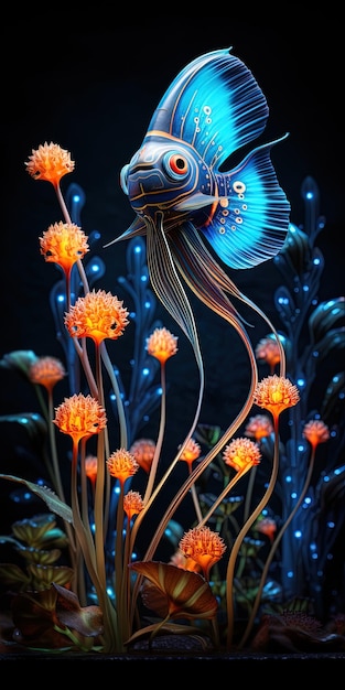 un poisson bleu avec des fleurs d'orange et un poissons bleu