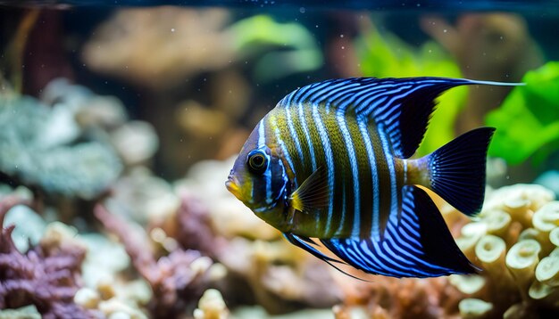 un poisson bleu et jaune avec une bande jaune est dans un aquarium