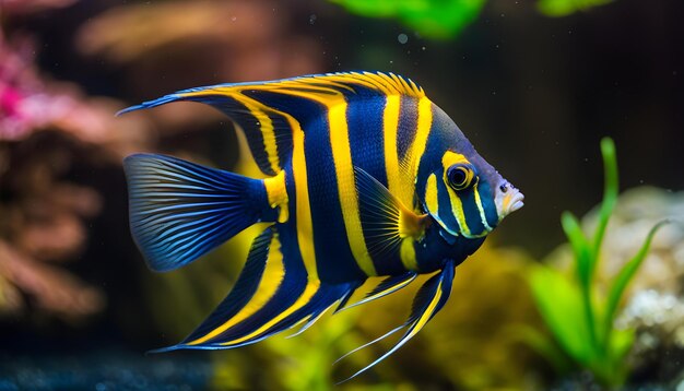 un poisson bleu et jaune avec une bande jaune est dans un aquarium