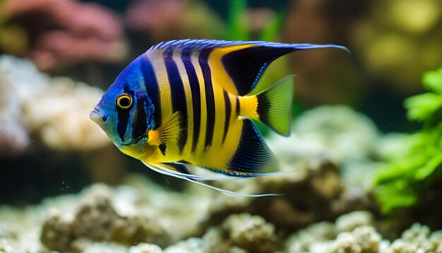 un poisson bleu et jaune avec une bande jaune nage dans un aquarium