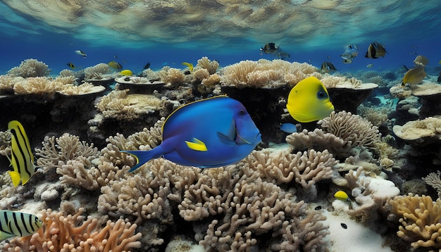 un poisson bleu avec des taches jaunes et noires nage dans un récif corallien